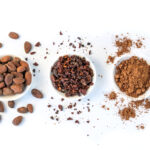 Cacao beans seeds, Cacao nibs and cacao powder isolated on white background.