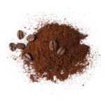 Heap of ground coffee and beans on white background, top view